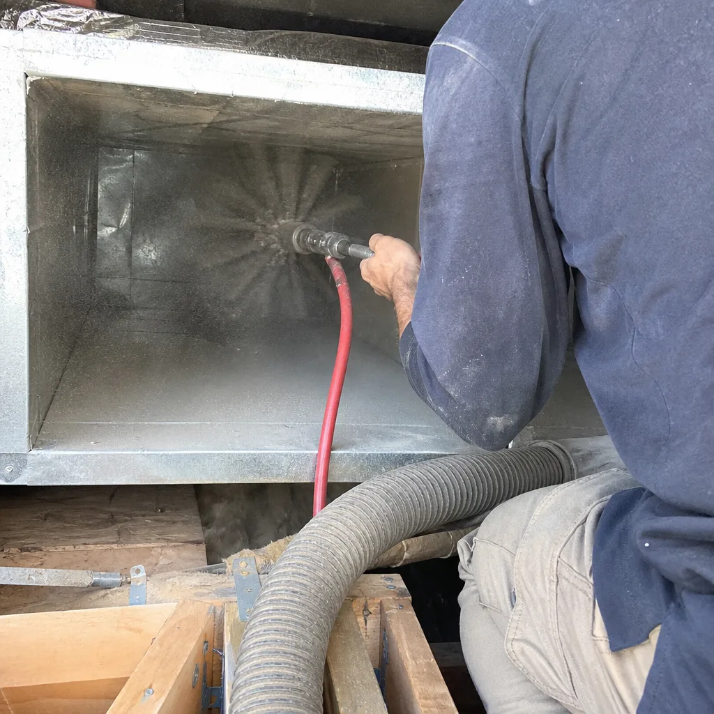 Technician using a rotating brush to clean residential air ducts