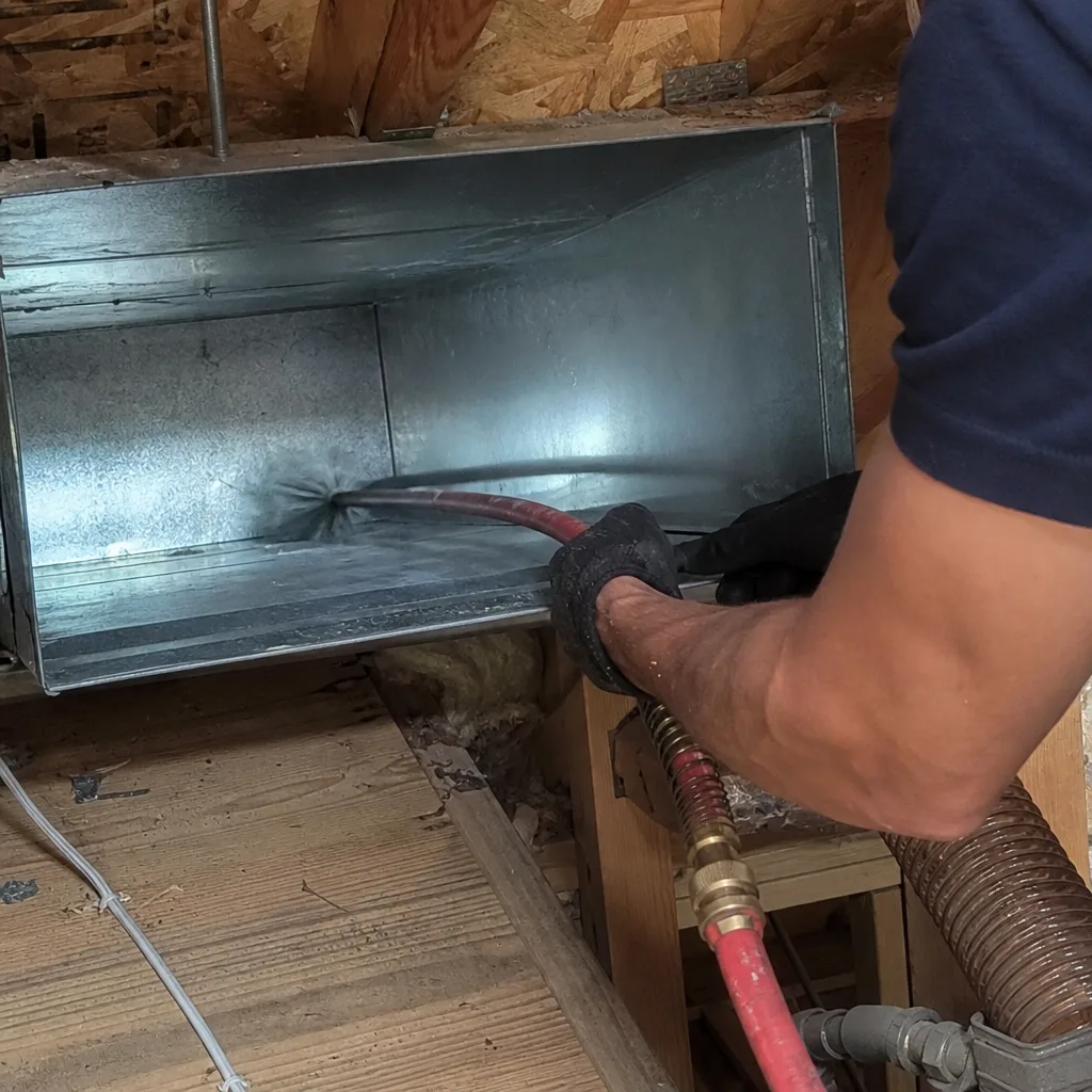 Technician performing professional air duct cleaning service with rotary brush equipment