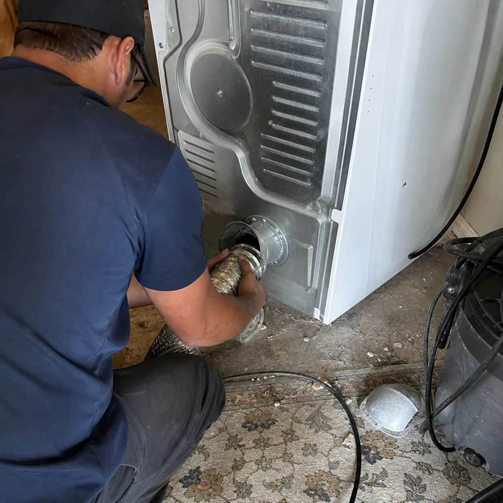 Technician installing a flexible metal dryer vent hose for cleaning