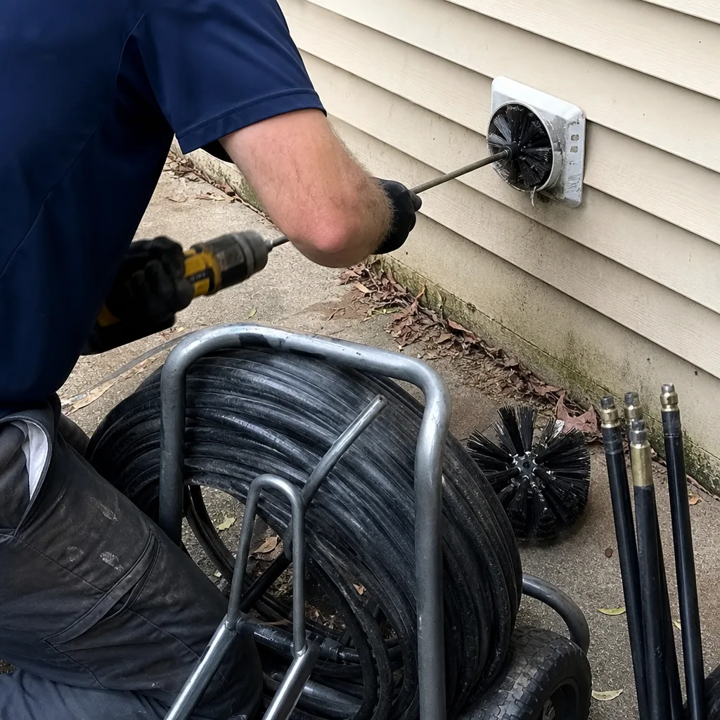 Technician using a rotating brush tool to perform professional dryer vent cleaning