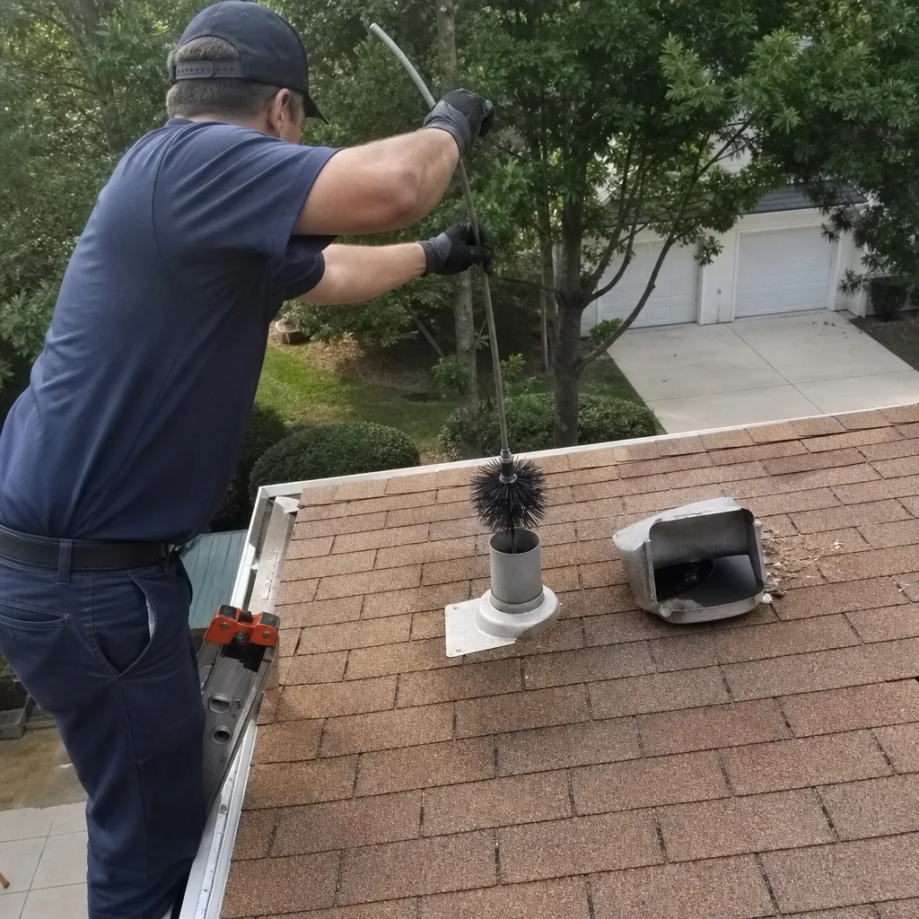 Technician performing professional dryer vent cleaning on a residential roof