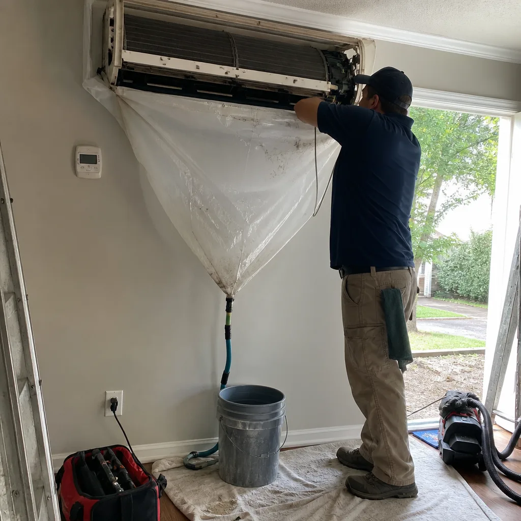 Technician performing professional HVAC system cleaning on wall mounted unit